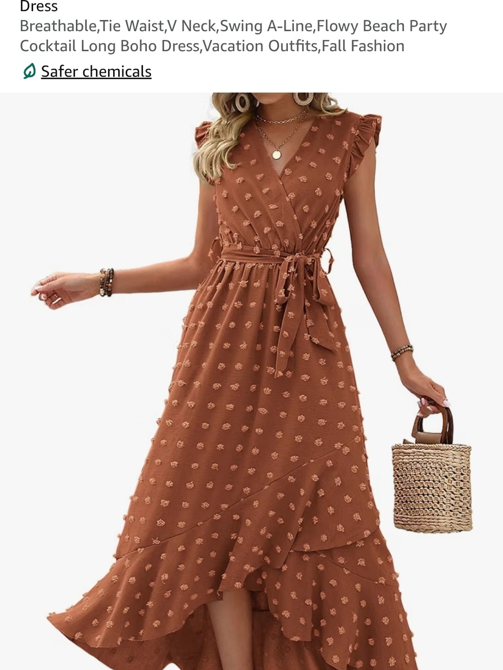 Beautiful Rust-orangr Tie-Waist Boho Dress with Ruffle Hem